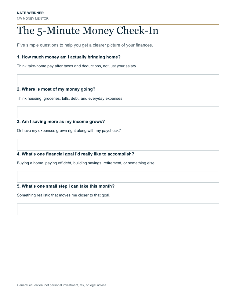 Preview of The 5-Minute Money Check-In, with five questions and blank answer boxes.